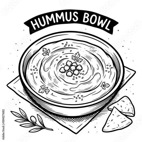 A detailed black and white line art illustration of a hummus bowl garnished with chickpeas, sesame seeds, and parsley, accompanied by pita chips and an olive branch.