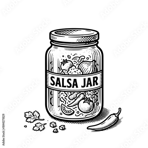 A detailed black and white line art illustration of a salsa jar filled with ingredients like tomatoes and onions, with a chili pepper and cilantro beside it.