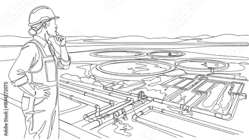 High-Quality Black Continuous Line Art of Natural Resource Manager Overseeing Water Reservoirs and Irrigation Systems