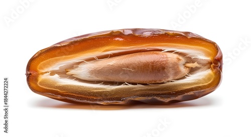 A date sliced open to reveal its rich, caramel-colored interior and the visible pit, isolated on white.