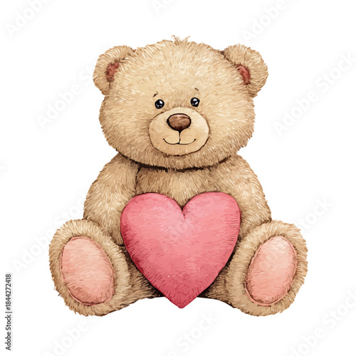 Valentines Teddy Bear With Heart in watercolor painting style, vector illustration on white background.