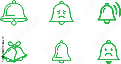 A comprehensive set of green outline bell notification icons depicting various states including ringing sad and festive symbols