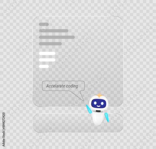Cute 3d robot assistant with glass interface window saying accelerate coding. Artificial intelligence chatbot helper for software development and programming vector illustration.