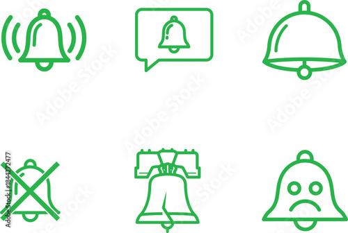 A comprehensive collection of green outlined bell icons representing various notification states including ringing silent alert and emotional expressions