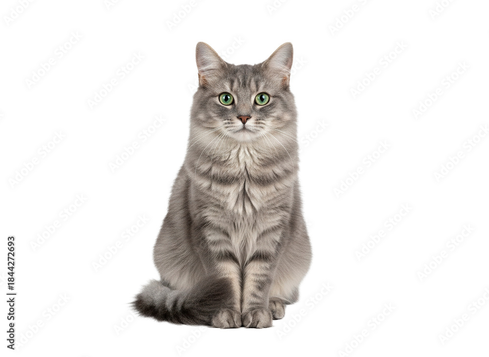 Fototapeta premium Gray cat with long fur and green eyes sitting in symmetrical pose, looking alert and calm, isolated on transparency background with sharp focus and detailed texture
