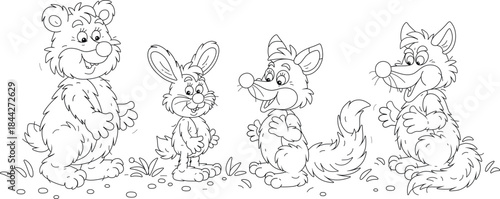 Funny bear, hare, fox and wolf from a fairytale forest, a set of black and white outlined vector cartoon illustrations