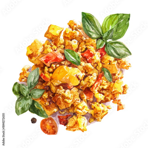 Tofu Scramble, watercolor illustration, vector style, isolated on a white background.