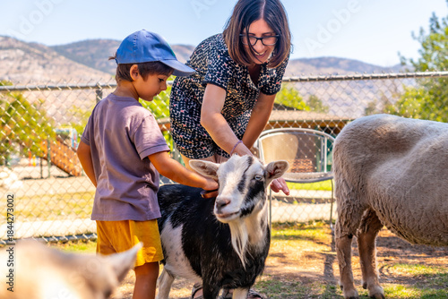 Bild auf Leinwand Mother and son petting goat at petting zoo in kamloops, british columbia