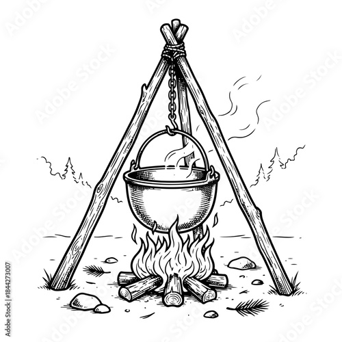A detailed black and white illustration of a cooking pot hanging over a campfire on a wooden tripod in a natural outdoor setting.