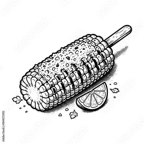 Black and white sketch of grilled corn on the cob with a stick, topped with seasoning, served with a lime wedge.