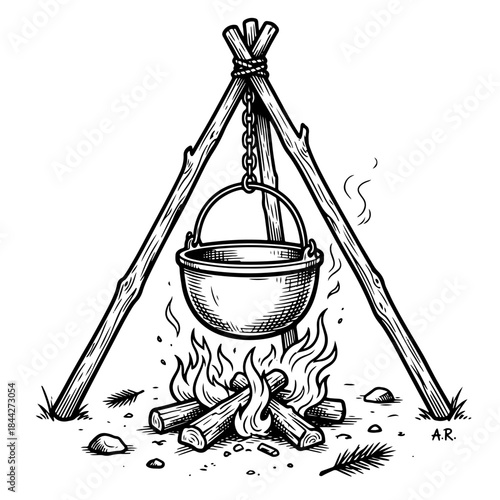 A black and white illustration of a cooking pot hanging over a campfire on a wooden tripod.