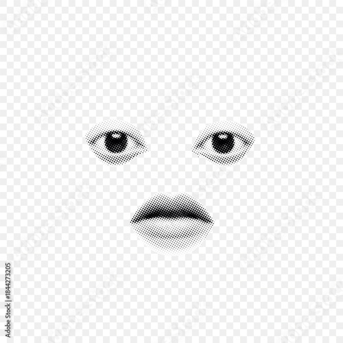 Minimal Halftone Composition of Eyes and Lips on Transparent Background