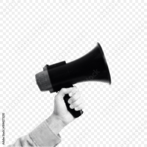 Halftone Hand Holding Megaphone Symbolizing Voice and Protest Power