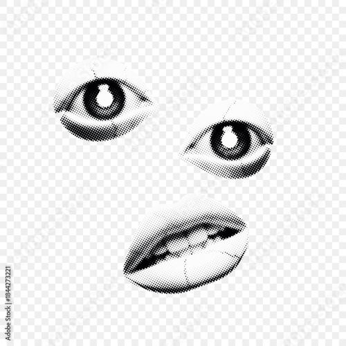 Surreal Halftone Artwork of Eyes and Lips with Teeth on Transparent Background