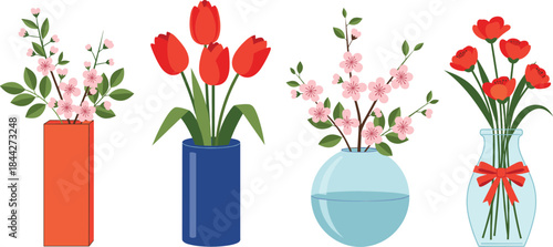 Elegant flower vase illustration set with tulips, cherry blossoms