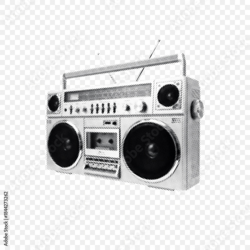 Retro Halftone Boombox Illustration with Dual Speakers and Cassette Deck