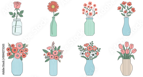 Elegant flower vase illustration set featuring roses, tulips, and assorted blossoms in decorative containers, perfect for botanical artwork, home décor, and design projects