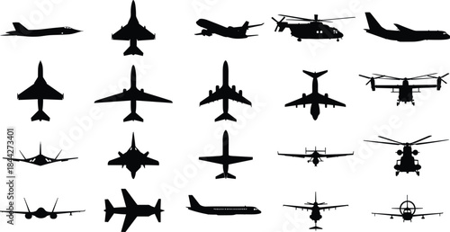 PrintAircraft silhouette icon set, jet plane vector, helicopter graphic illustration, propeller design outline, aviation technology, flight symbol, aerospace transport