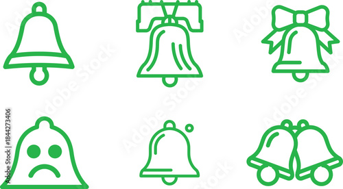 A diverse collection of outline green bell icons representing various notifications alerts holidays celebrations and emotional states in clean vector style