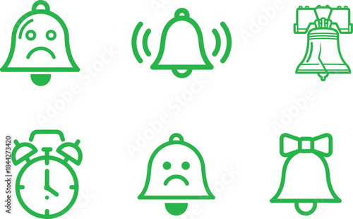 A diverse collection of six distinctive green line art bell and alarm clock icons depicting various concepts like sadness ringing history and festivity