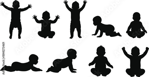 PrintBaby and Infant Silhouettes Vector Set Showing Various Poses Including Sitting, Crawling, and Lying Down, for Childcare and Parenthood Concepts.