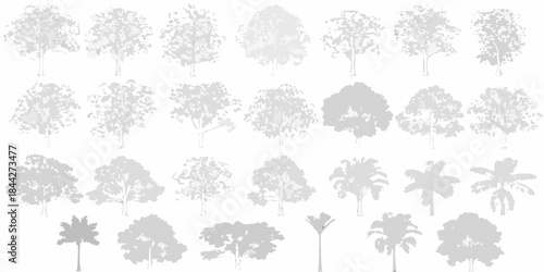 A collection of diverse tree silhouettes in shades of gray and white