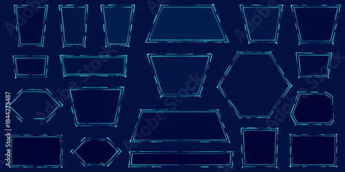 Collection of blue neon outlined geometric shapes on a dark background