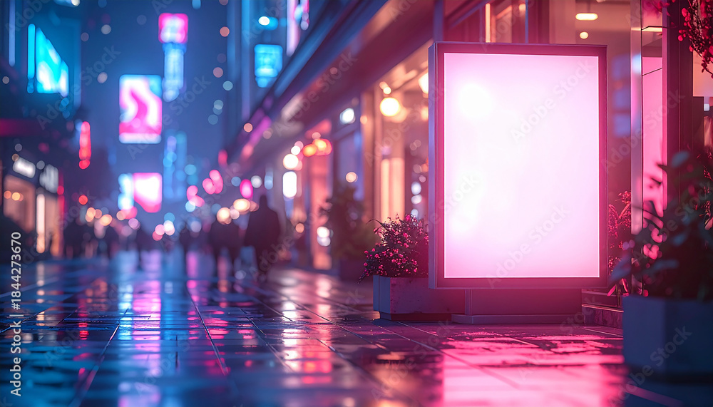 Obraz premium Rainy city street at night with neon signs, blurred figures and a blank billboard Keywords: city, street, night