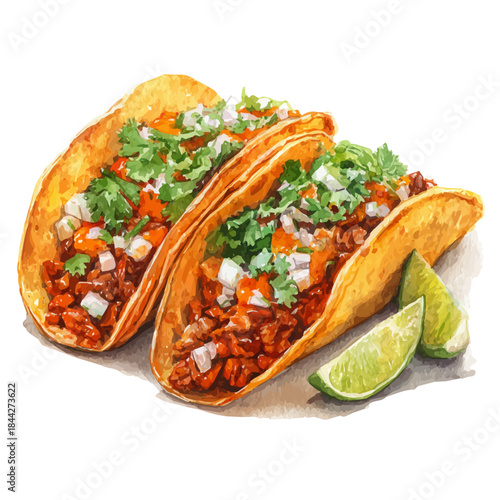 Tacos Al Pastor in watercolor painting style, vector illustration on white background.
