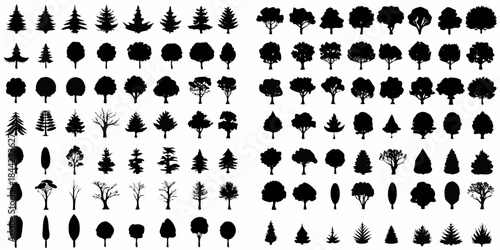 Collection of diverse black silhouette tree shapes and forms arranged in grid