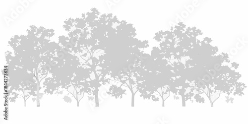 A grayscale silhouette of a dense collection of leafy trees against white