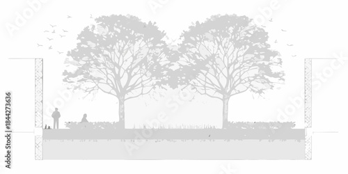 A grayscale landscape featuring trees shrubs and a distant human figure