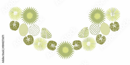 A decorative arrangement of stylized green leaves and floral shapes in a garland
