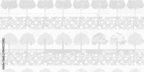 Abstract grayscale landscape featuring rows of trees and foliage patterns