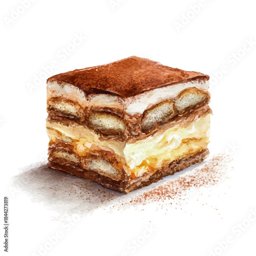 Watercolor illustration of Tiramisu Cake, vector artwork, isolated on white background.