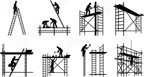 PrintConstruction Workers Silhouettes Vector Set, Showing Builders on Ladders and Scaffolding Performing Manual Labor for Building and Safety Concepts.