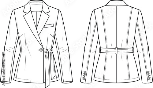 PrintTechnical flat sketch drawing of a women's tailored blazer jacket with belt, vector fashion illustration for clothing design and production.