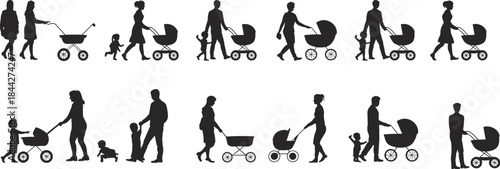 PrintParents Pushing Baby Stroller Silhouettes, Family Walking and Caring for Children Vector Set, Mother and Father with Kids