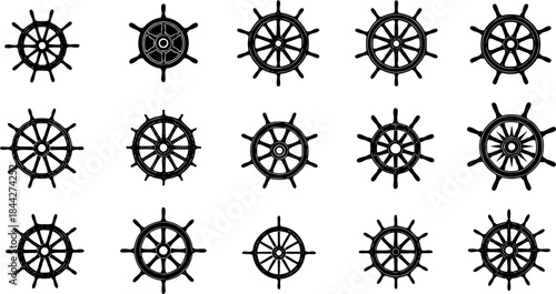 Ship wheel silhouettes, Ship wheels vector, Ship wheel icon set, Ship steering silhouette, Ship wheels