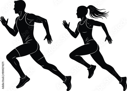PrintMale and Female Runners Silhouettes Vector Illustration, Showing Athletic Man and Woman Sprinting for Fitness, Sport, and Competition Concepts.