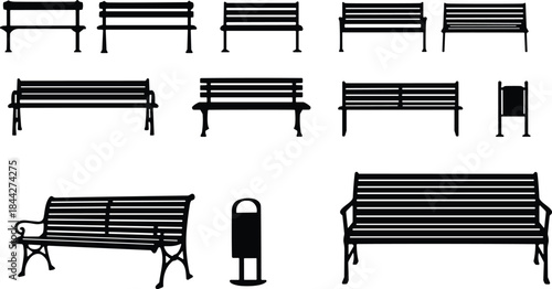 PrintPark Bench Silhouettes Vector Set, Including Various Styles of Outdoor Seating and a Trash Can, for Public Space and Urban Furniture Design.