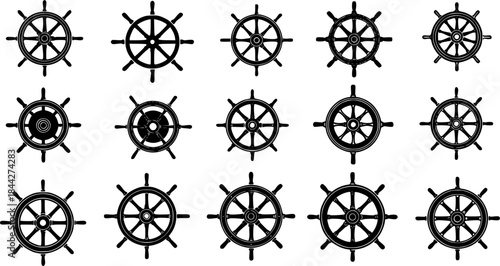 Ship wheel silhouettes, Ship wheels vector, Ship wheel icon set, Ship steering silhouette, Ship wheels
