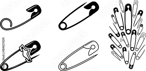 Safety pin silhouette, Safety pin, Pin silhouette, Open safety pin, Closed safety pin silhouette, Safety pin bundle set