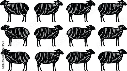 PrintSeamless Pattern of Decorative Sheep Silhouettes Vector, Ideal for Repeating Fabric Print, Wallpaper, Textile Design, and Farm-Themed Concepts.