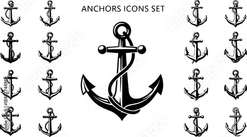 Ship Anchor Silhouette, Anchors Icons Set, Ship Anchor Vector, Ship Anchor, Anchor Silhouettes set