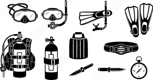 Diving equipment silhouette, Scuba diving equipment silhouette, Equipment silhouette, Diving element vector, Snorkeling gear icons set