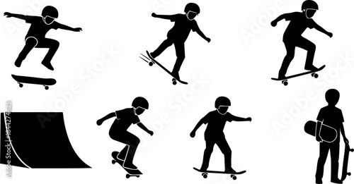 Kids skateboarding silhouette, Skate silhouette, Skateboard silhouettes, Skateboard vector, Child skateboarding silhouettes, Skateboarding bundle set