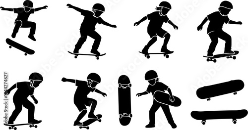 Kids skateboarding silhouette, Skate silhouette, Skateboard silhouettes, Skateboard vector, Child skateboarding silhouettes, Skateboarding bundle set