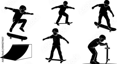 Kids skateboarding silhouette, Skate silhouette, Skateboard silhouettes, Skateboard vector, Child skateboarding silhouettes, Skateboarding bundle set