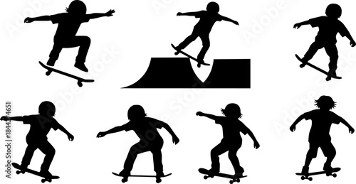 Kids skateboarding silhouette, Skate silhouette, Skateboard silhouettes, Skateboard vector, Child skateboarding silhouettes, Skateboarding bundle set